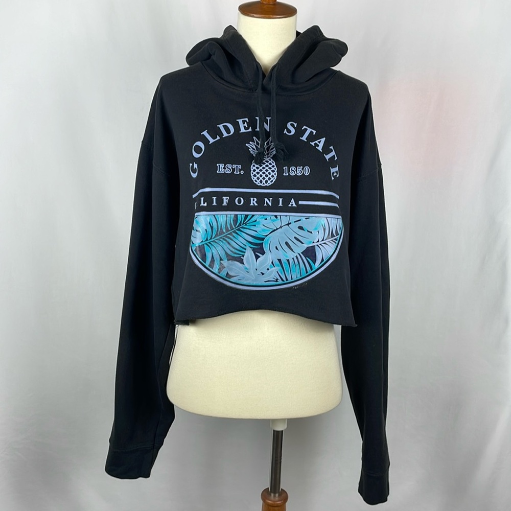 "Golden State California" Graphic Black Cut Off Hoodie Sweatshirt - Size XL
